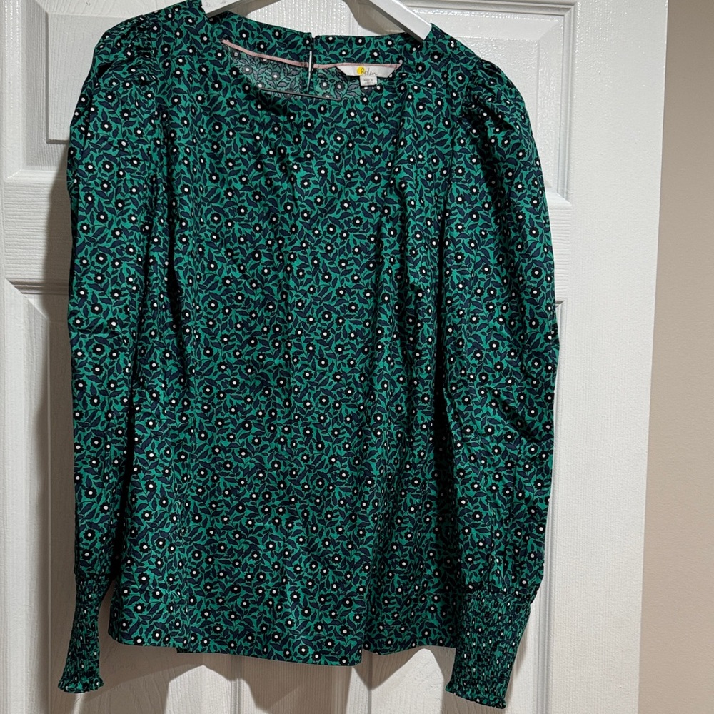 Boden Woman Green Blue Floral Long-Sleeve Blouse Size 14 Long Sleeve